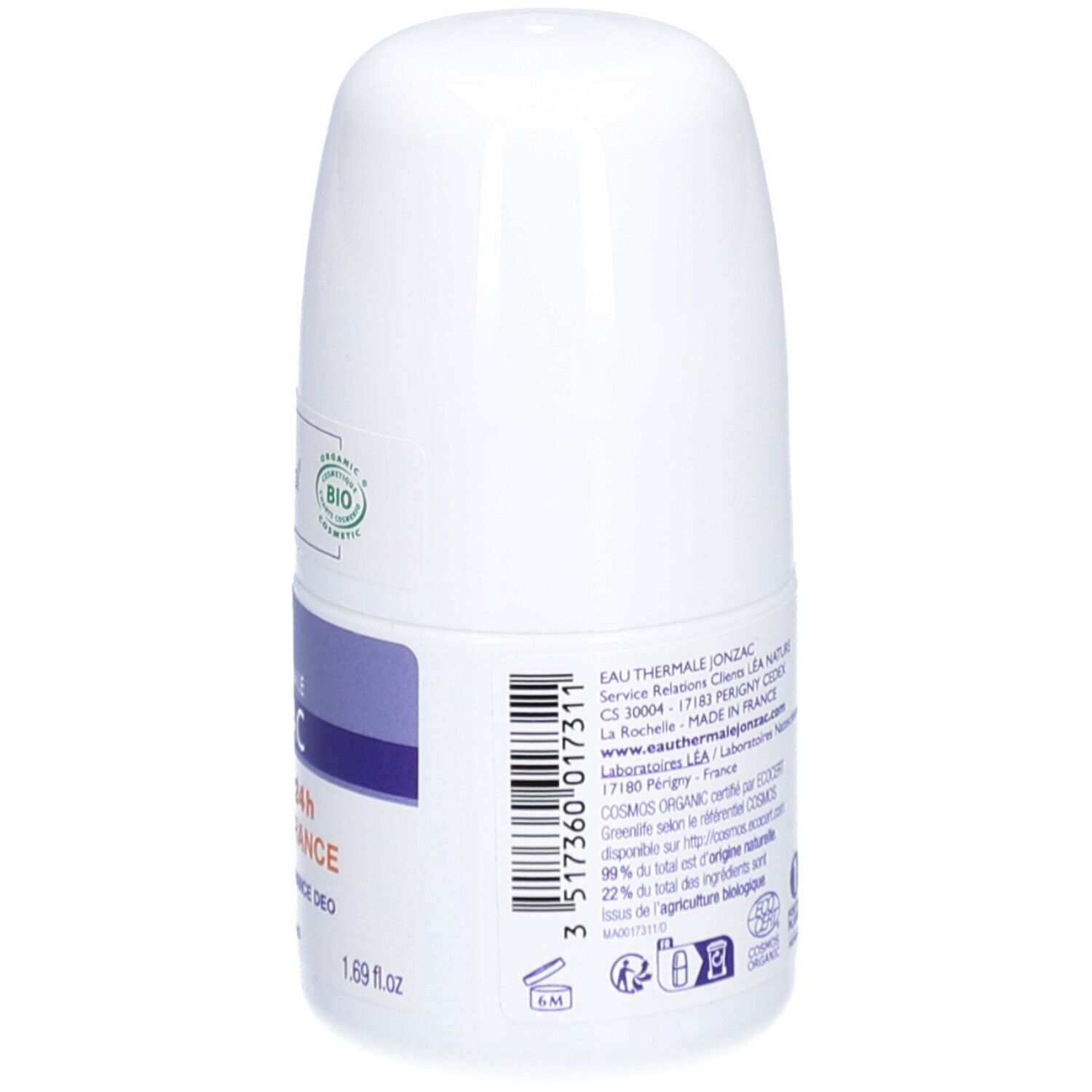 Dos du roll-on déodorant. Inscriptions: EAU THERMALE JONZAC, ingrédients, certification bio, origine. Code-barres.