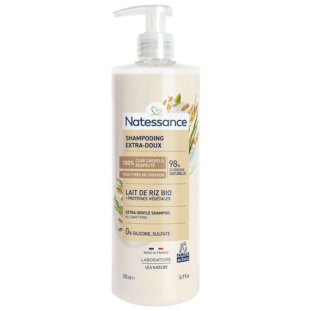 Natessance Shampoo au lait de riz, flacon 500ml avec pompe.