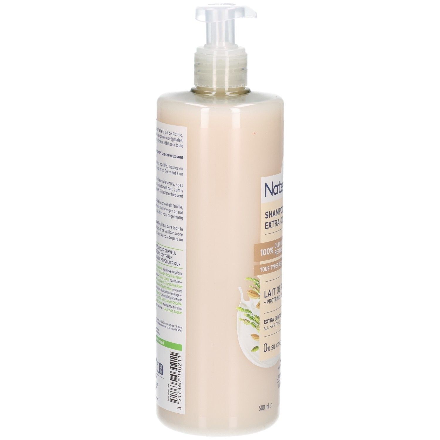 Natessance Shampoo, vue latérale du flacon pompe 500ml.