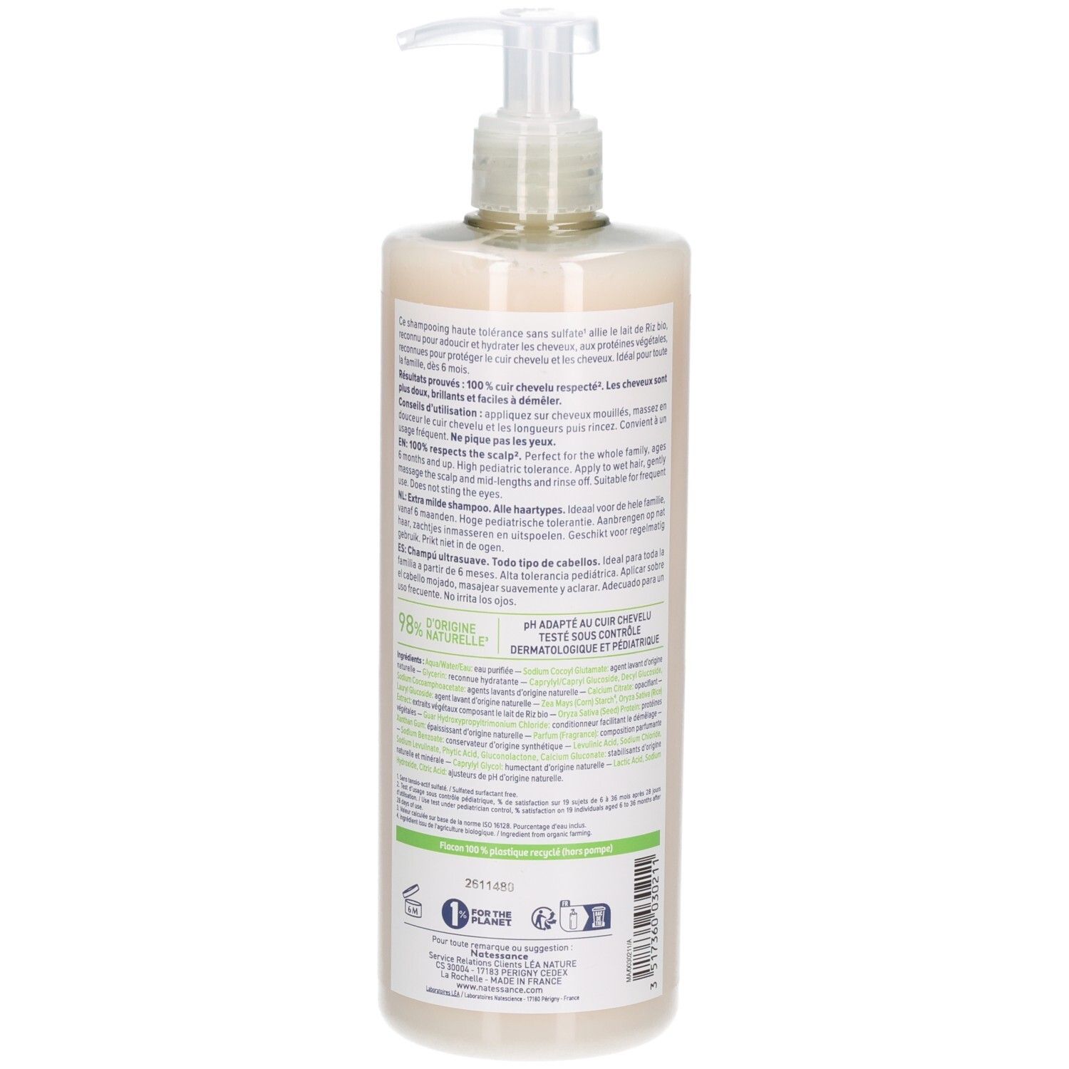 Dos du flacon Natessance Shampoo avec informations produit détaillées.