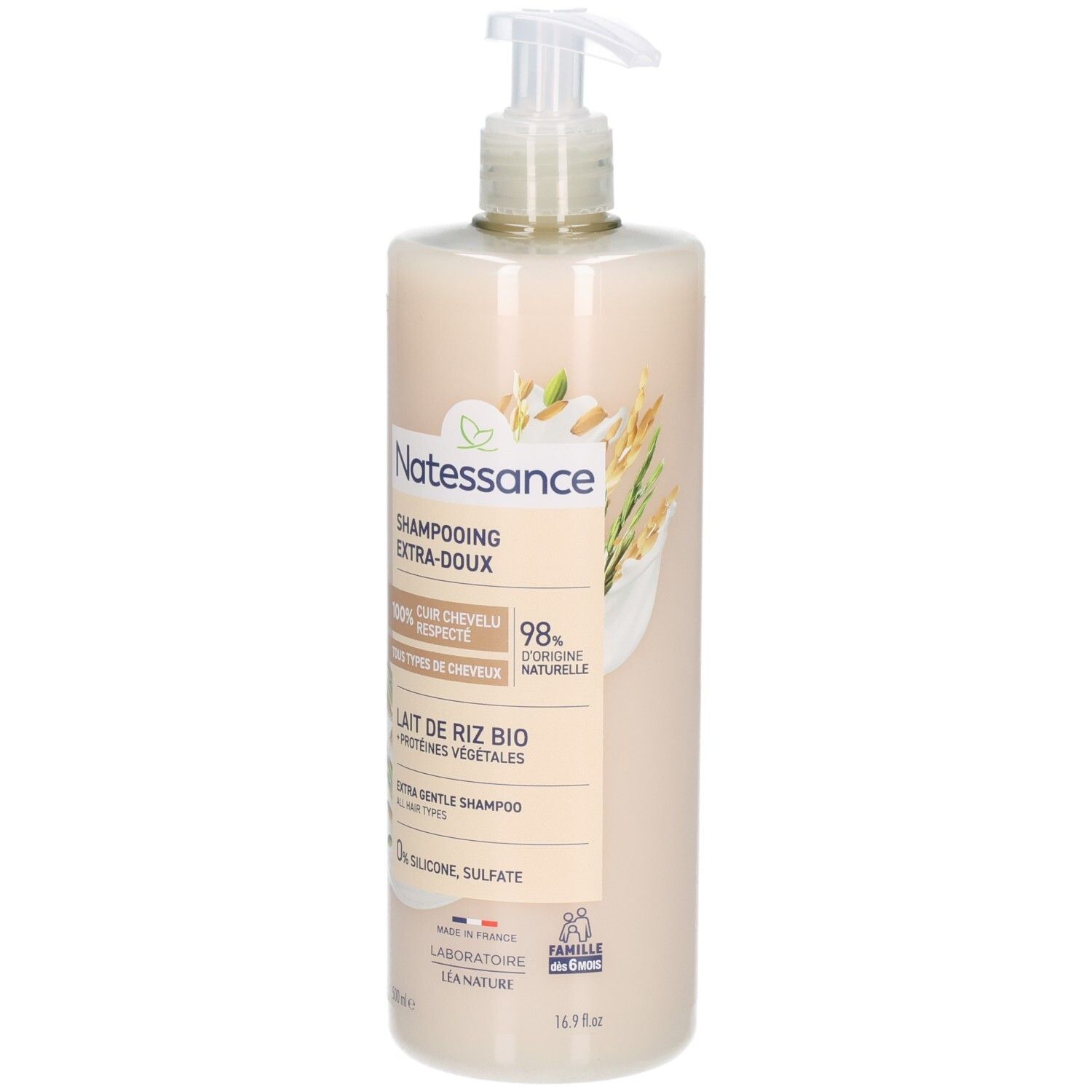 Natessance Shampoo Lait de Riz Bio, flacon pompe 500ml.