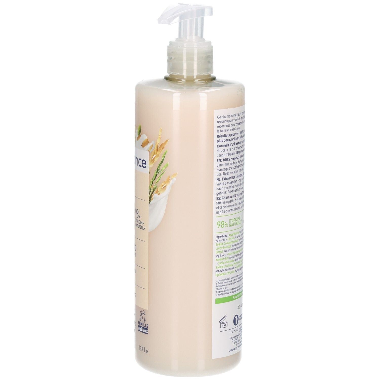 Natessance Shampoo, vue latérale du flacon pompe 500ml.