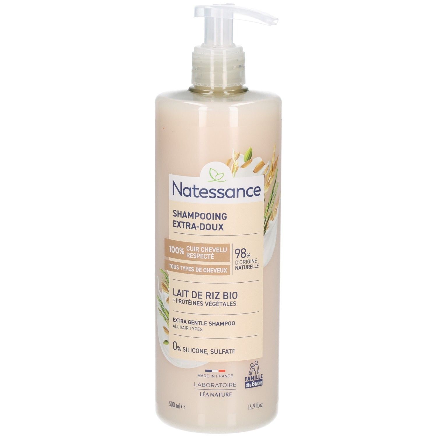 Natessance Shampoo Lait de Riz Bio, flacon pompe 500ml.