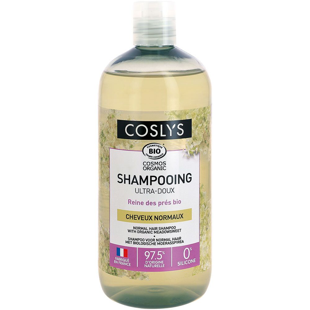 Flacon de Coslys Shampooing ultra-doux. Liquide transparent, étiquette visible. Inscription: Shampooing ultra-doux, Cosmos Organic, 97,5% d'origine naturelle.