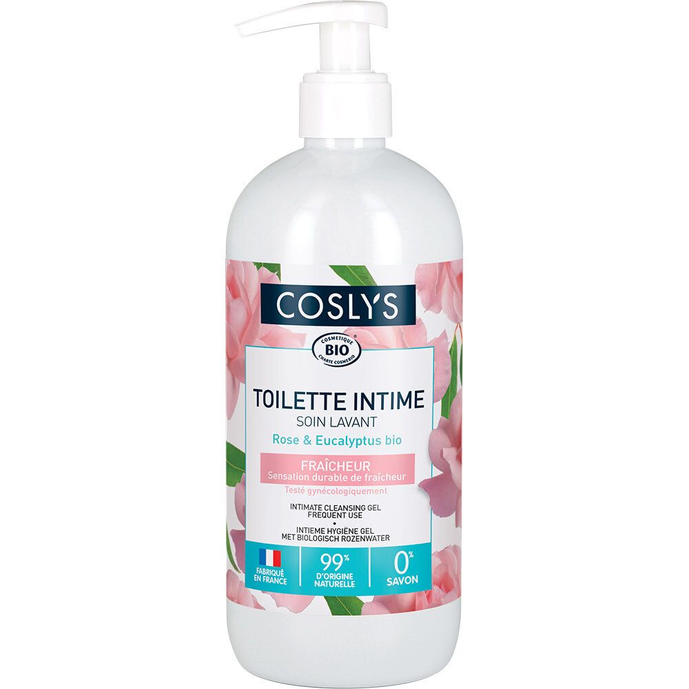 Flacon blanc avec pompe. Inscription: Coslys, Toilette Intime, Rose & Eucalyptus bio. Drapeau français et 99% ingrédients naturels.