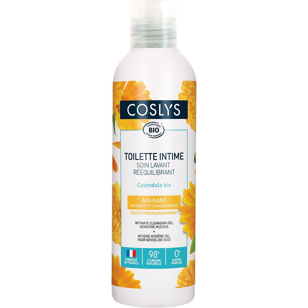 Flacon blanc avec étiquette jaune-orangé. Inscription: Coslys, Toilette Intime, Calendula bio. Certification bio. 98% ingrédients naturels.
