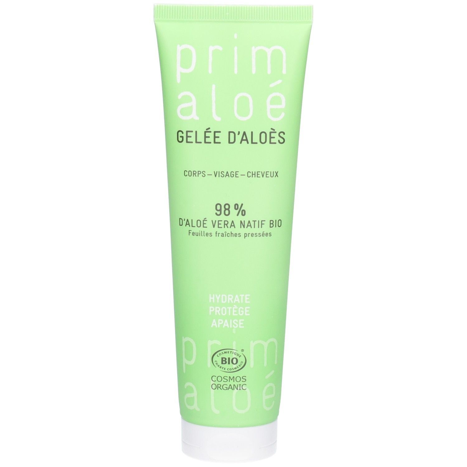 Tube vert avec inscription blanche : PRIM ALOE GELÉE D'ALOÈS, 98% Aloe Vera BIO, COSMOS ORGANIC.