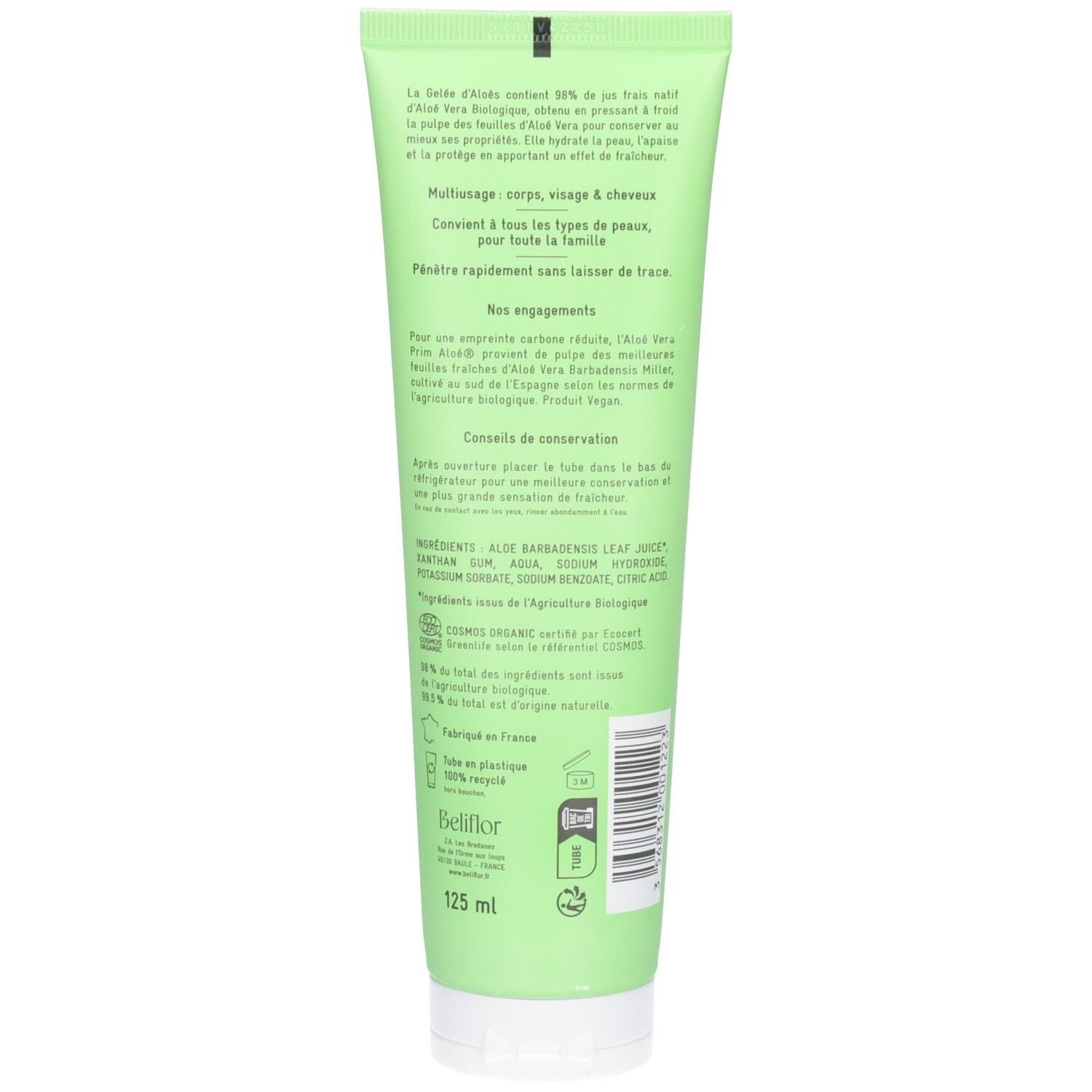 Arrière d'un tube vert avec informations produit et label COSMOS ORGANIC.