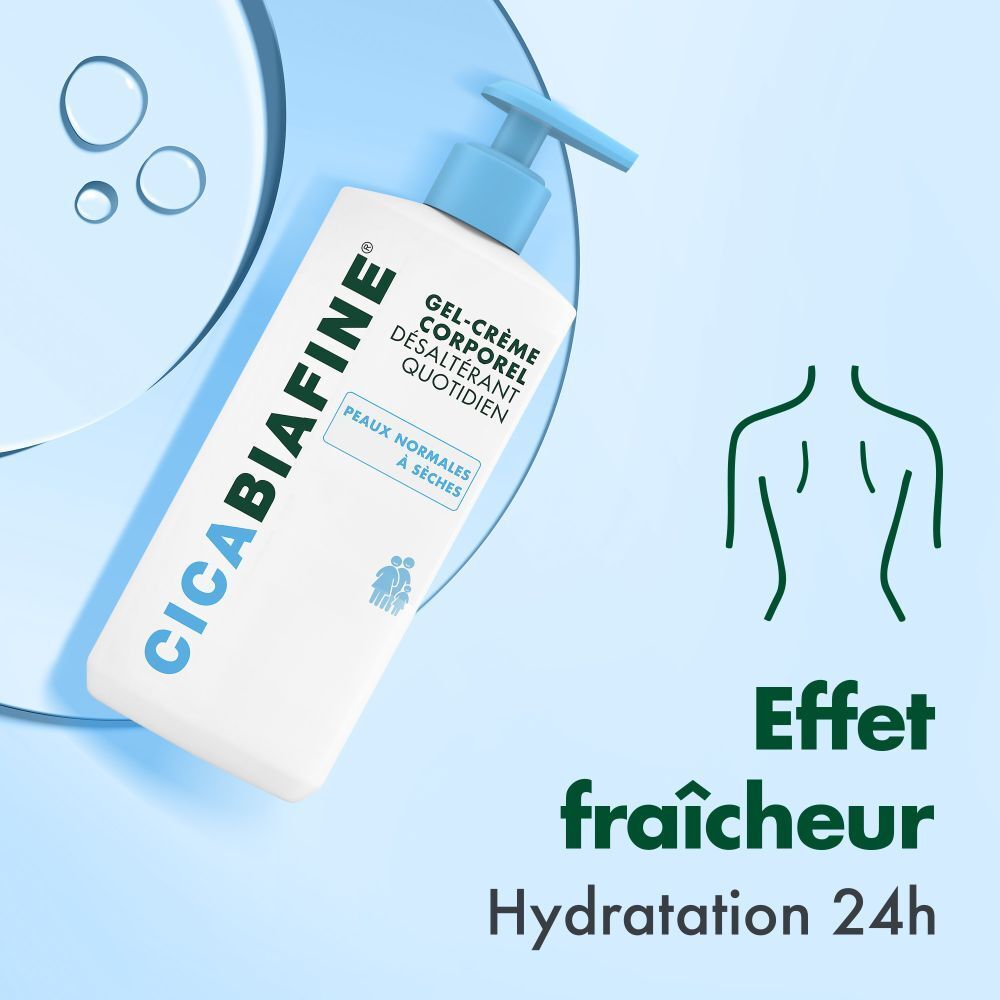 Flacon devant fond bleu. Texte: Effet fraîcheur, Hydratation 24h. Silhouette d'une personne.