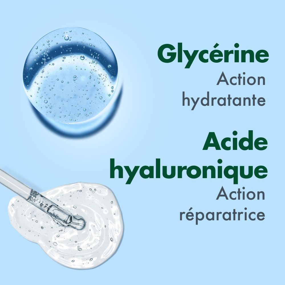 Gros plan sur glycérine et acide hyaluronique. Texte: Action hydratante, Action réparatrice.