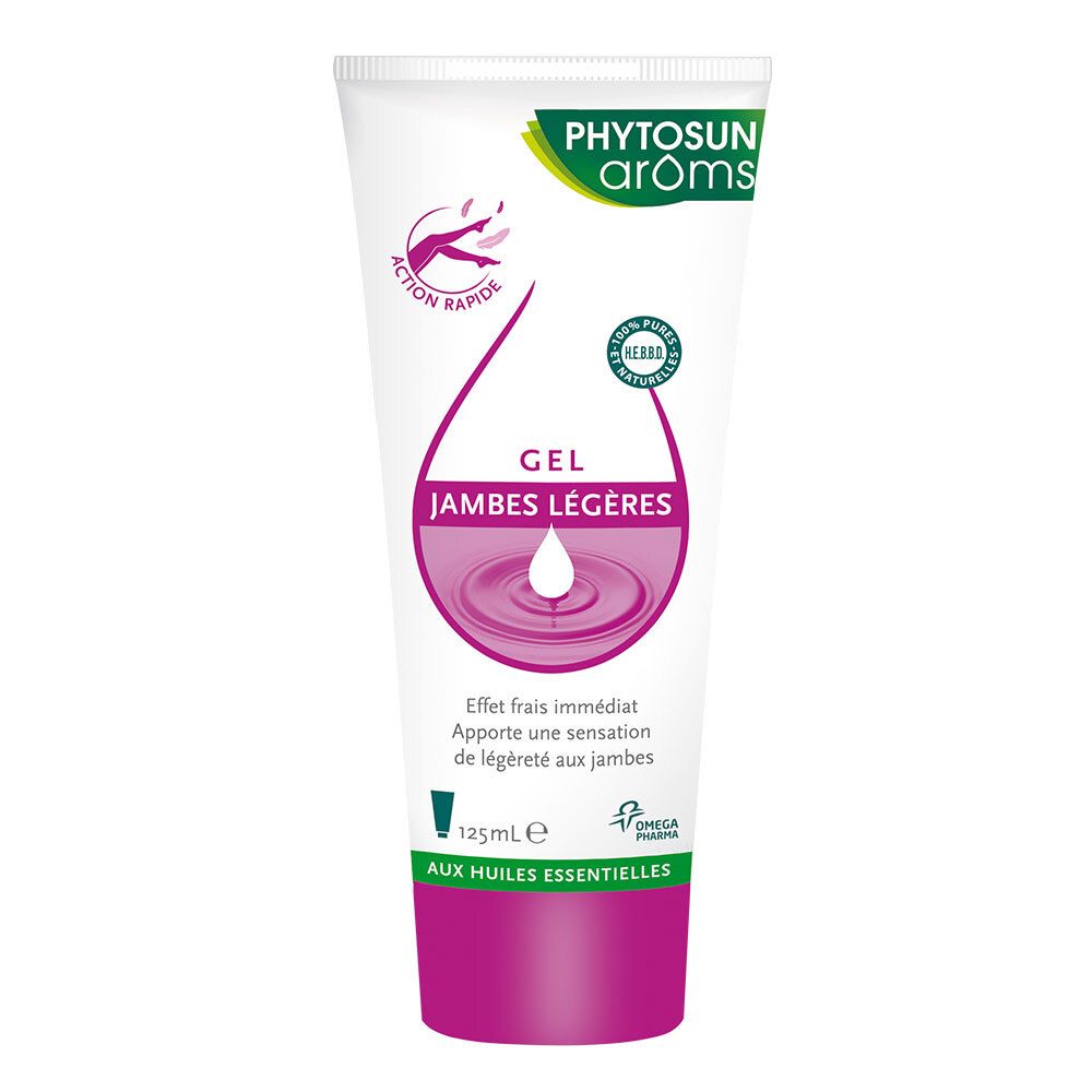 Tube blanc et rose. Inscription: PHYTOSUN aroms, Gel Jambes Légères. Logo: Huiles naturelles 100% pures. 125ml.