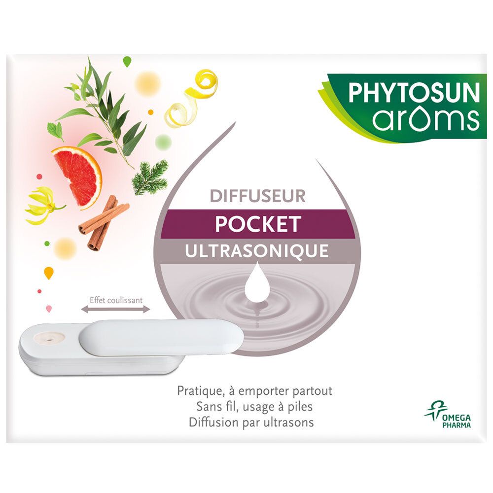 Boîte du diffuseur Phytosun Arôms Pocket. Produit blanc, illustrations de fruits et d'herbes aromatiques.