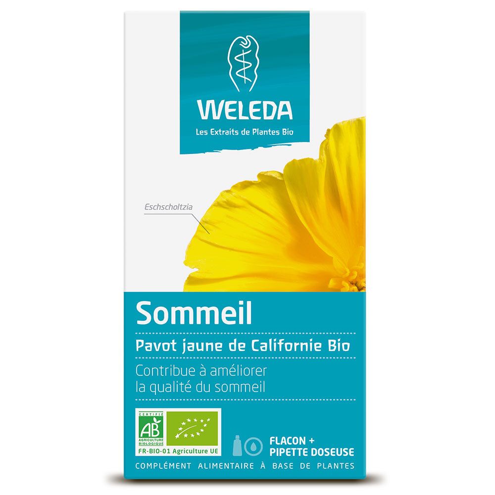 Boîte avec étiquette produit. Inscription: WELEDA, Sommeil, Pavot jaune de Californie Bio. Labels bio.