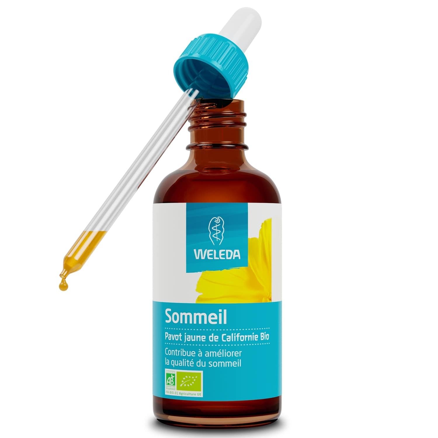 Flacon en verre brun avec pipette. Inscription: WELEDA, Sommeil, Pavot jaune de Californie Bio. Étiquette bleue.