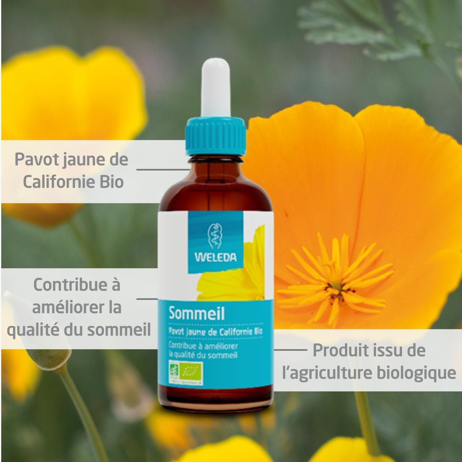 Flacon avec pipette et fleurs jaunes. Inscription: WELEDA, Sommeil, Pavot jaune de Californie Bio. Labels bio.