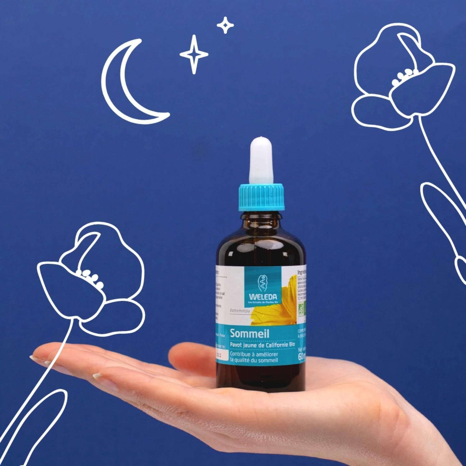 Flacon avec pipette dans la main. Inscription: WELEDA, Sommeil, Pavot jaune de Californie Bio. Fond bleu.
