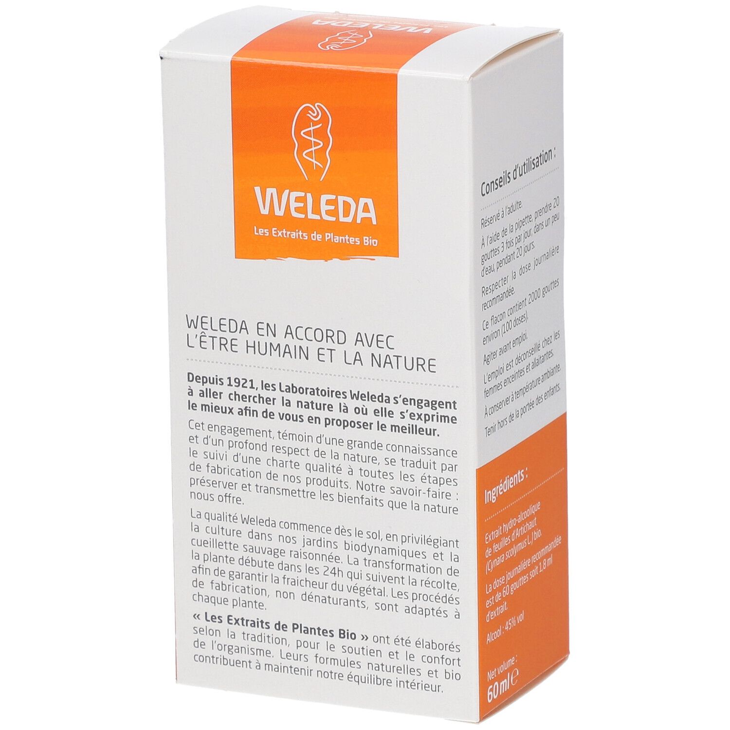Emballage avec texte sur WELEDA et la qualité bio. Texte en français.