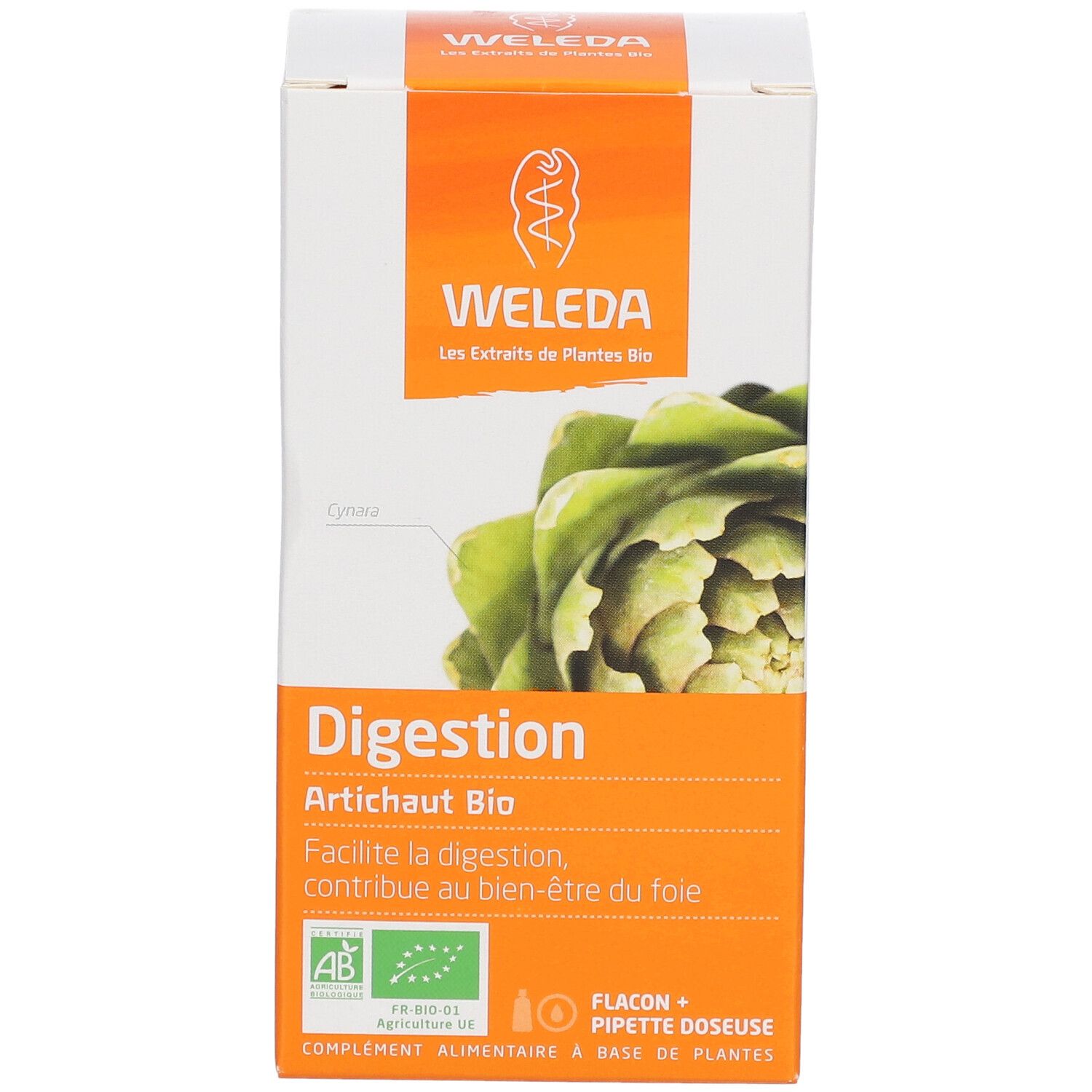 Emballage avec illustration d'artichaut et texte "WELEDA Digestion Artichaut Bio".