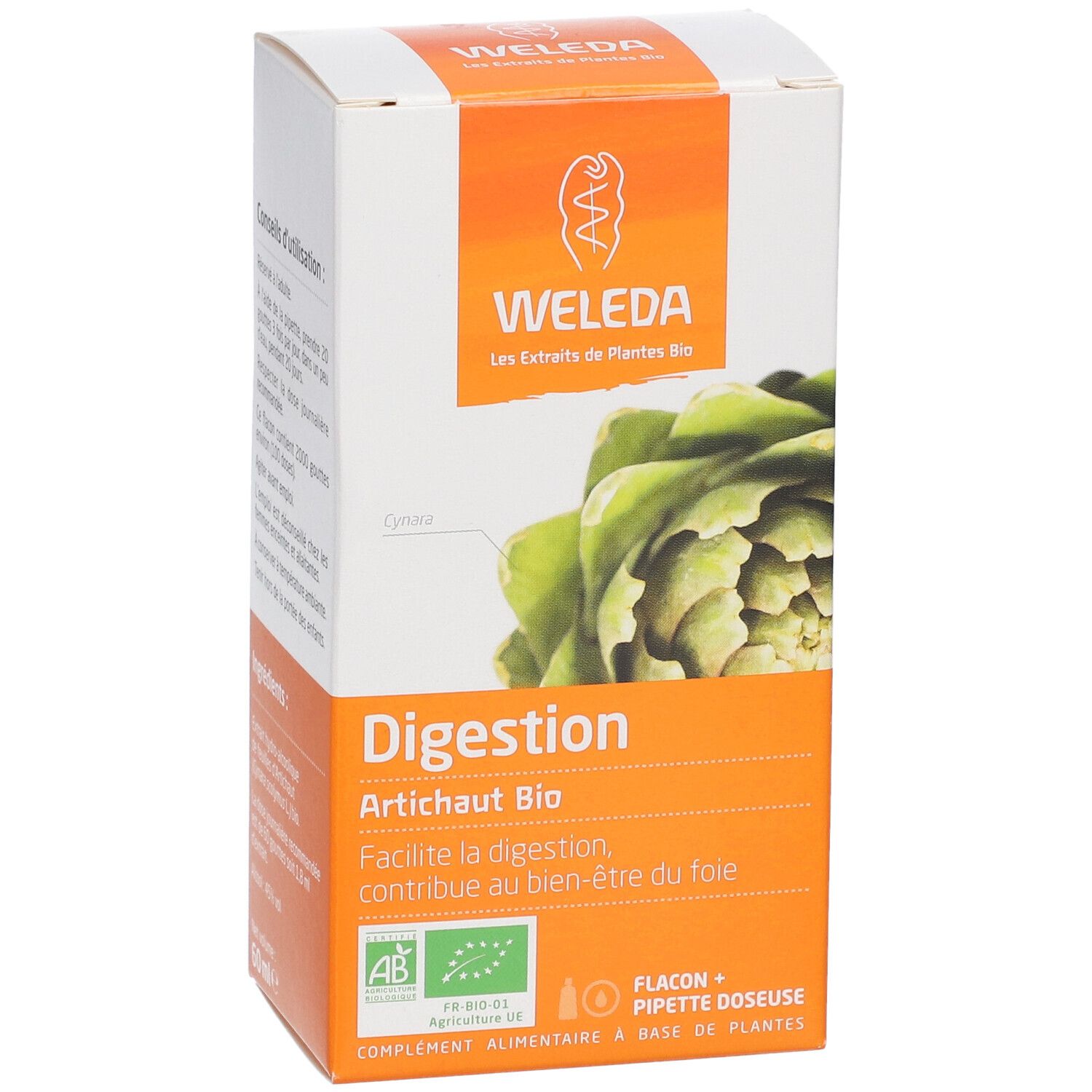 Emballage avec illustration d'artichaut et texte "WELEDA Digestion Artichaut Bio".