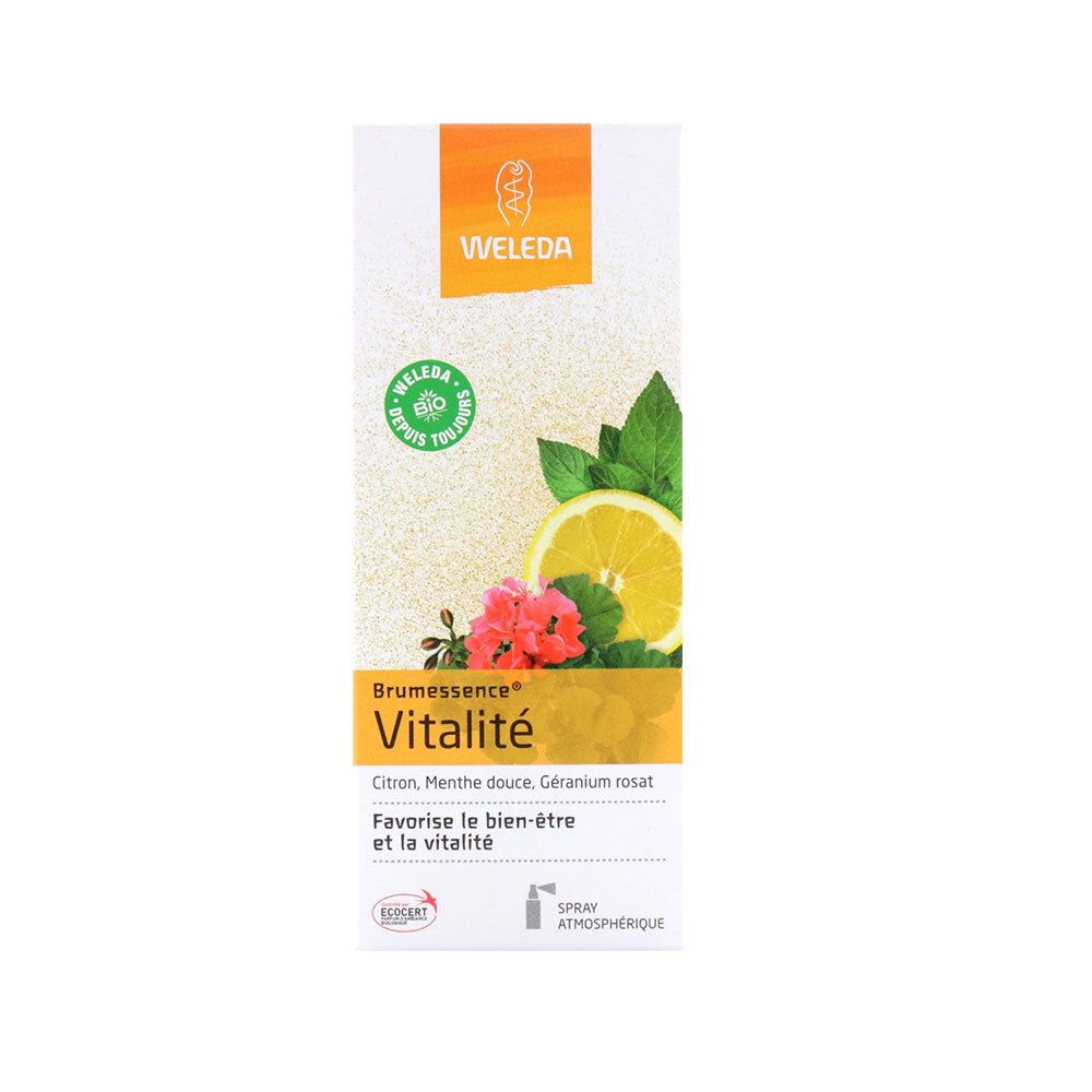 WELEDA Brumessence® Vitalité. Emballage carton. Citron, menthe, géranium. Certification bio. Symbole spray.