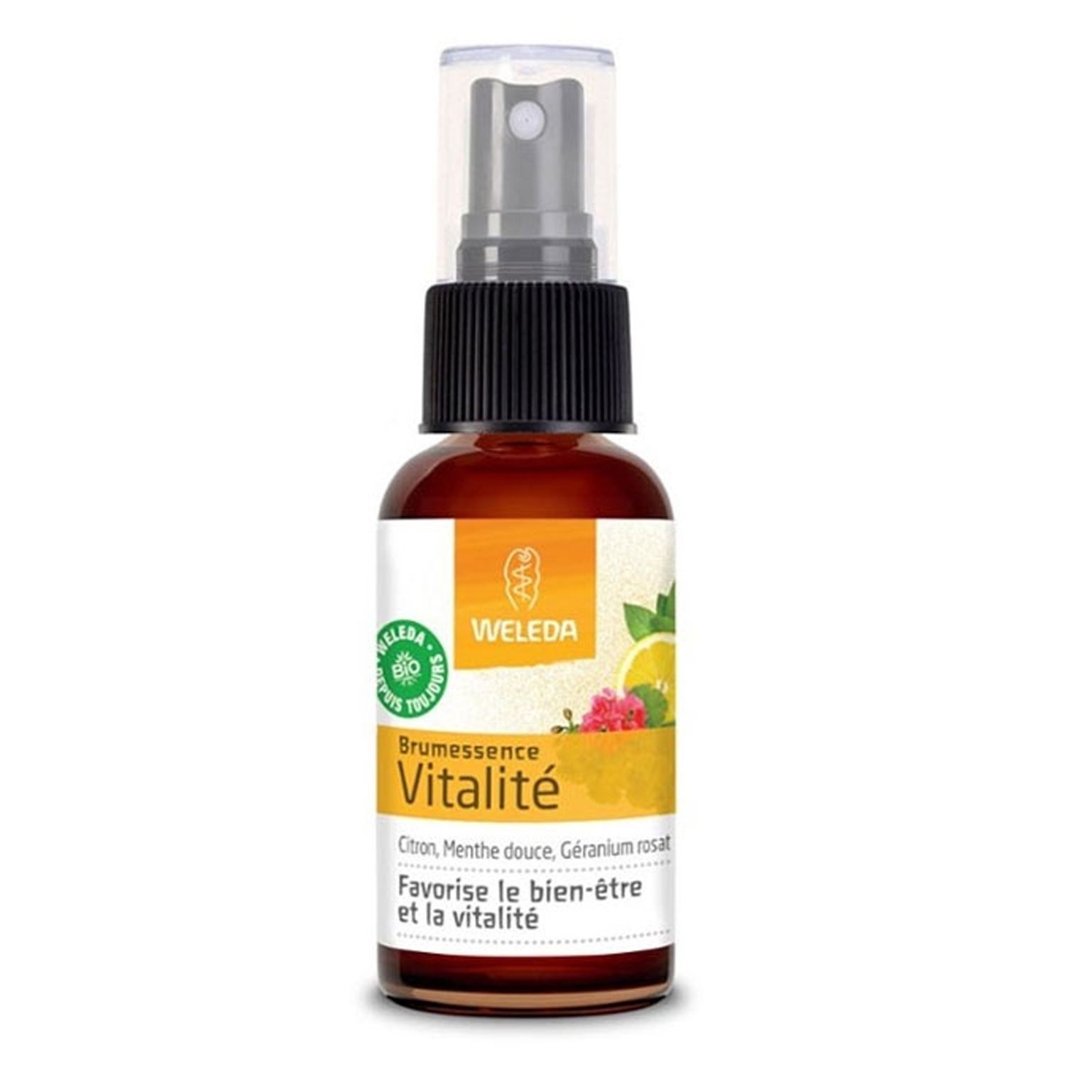 WELEDA Brumessence® Vitalité. Flacon en verre brun avec vaporisateur. Citron, menthe, géranium. Bio.