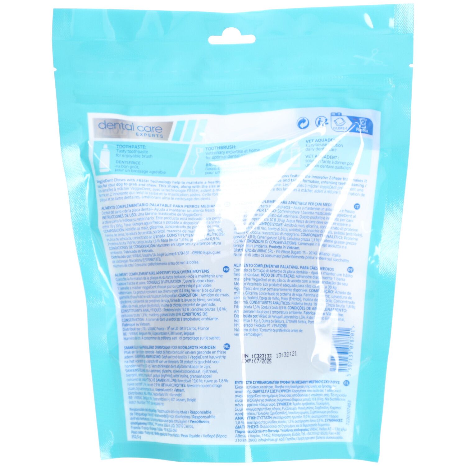 Dos de l'emballage VeggieDent Fresh. Texte multilingue. Emballage transparent.