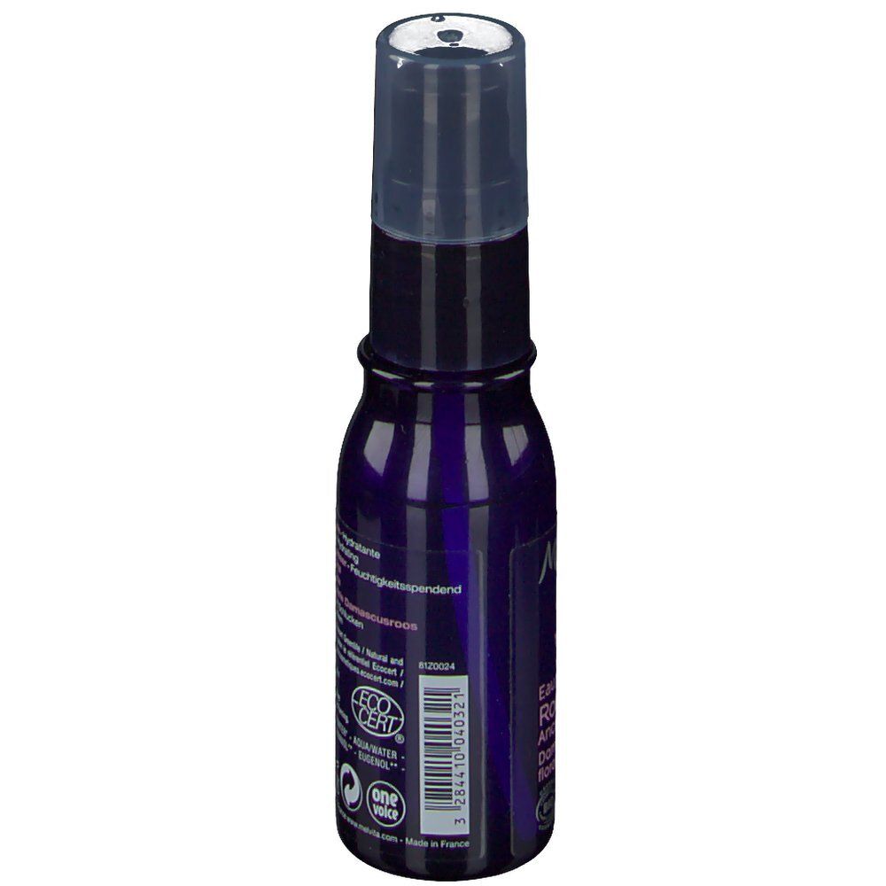 Vue arrière du flacon pulvérisateur. Texte multilingue. Code-barres et certification: COSMOS ORGANIC.