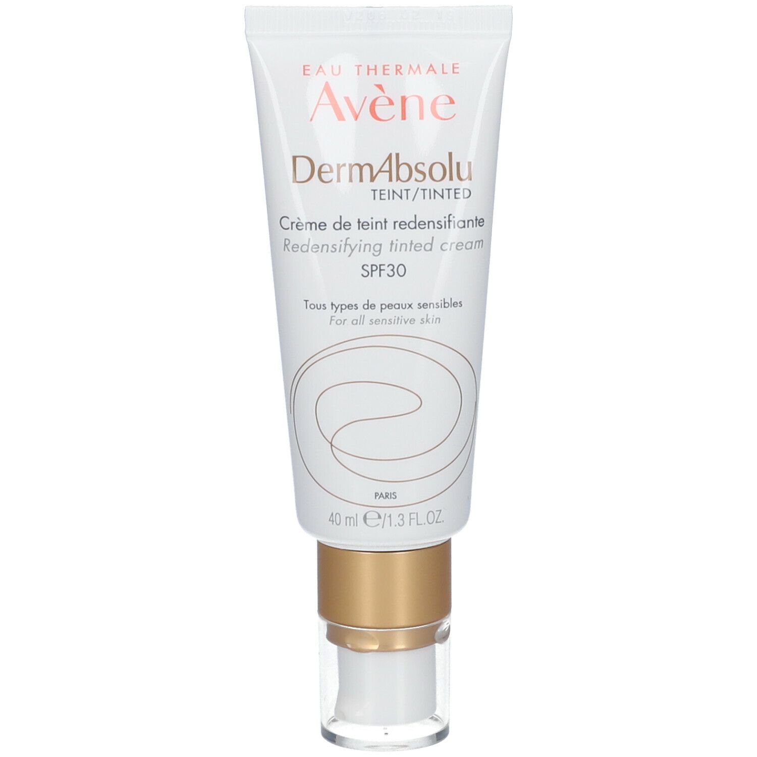 Tube de crème Avene DermAbsolu teintée SPF30. Tube blanc avec bouchon doré et pompe transparente.