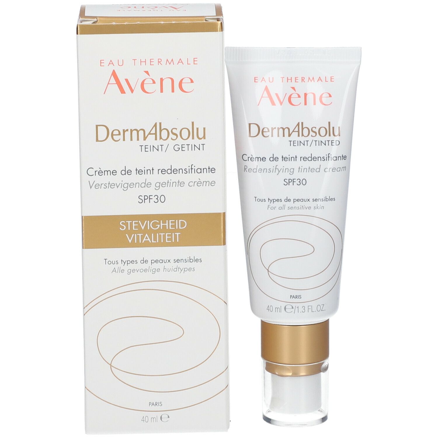 Crème Avene DermAbsolu et emballage. Tube de crème et carton côte à côte. Inscription SPF30 et 'teintée'.