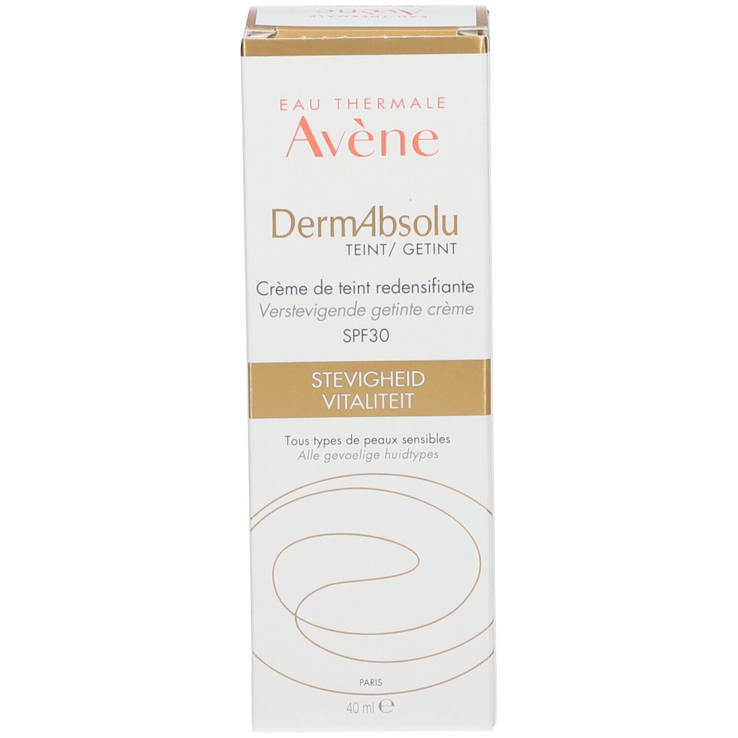 Emballage carton de la crème Avene DermAbsolu. Inscription SPF30, 'teintée' et 'Vitalité'.