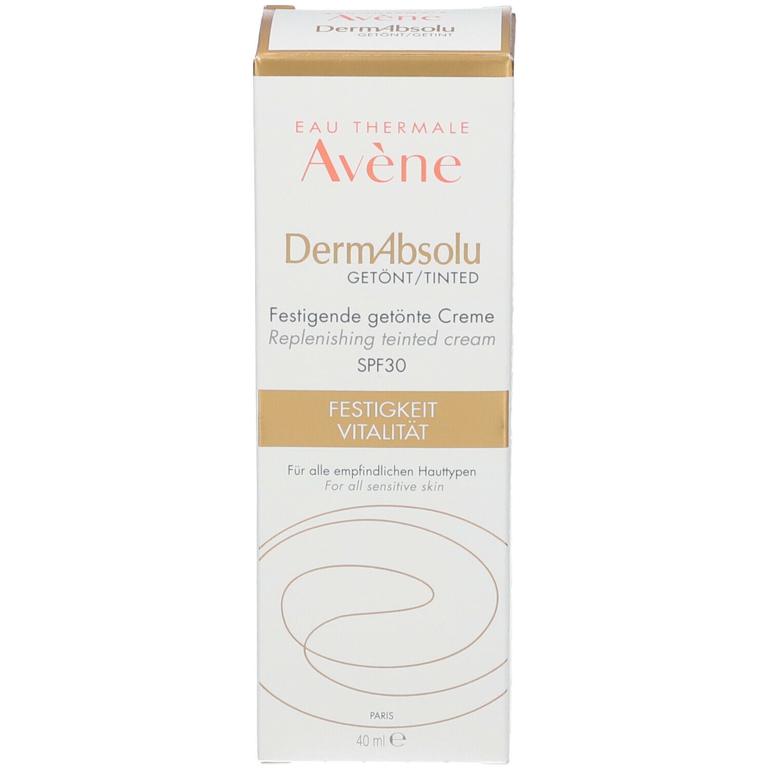 Emballage carton de la crème Avene DermAbsolu. Inscription SPF30, 'teintée' et 'Fermeté Vitalité'.