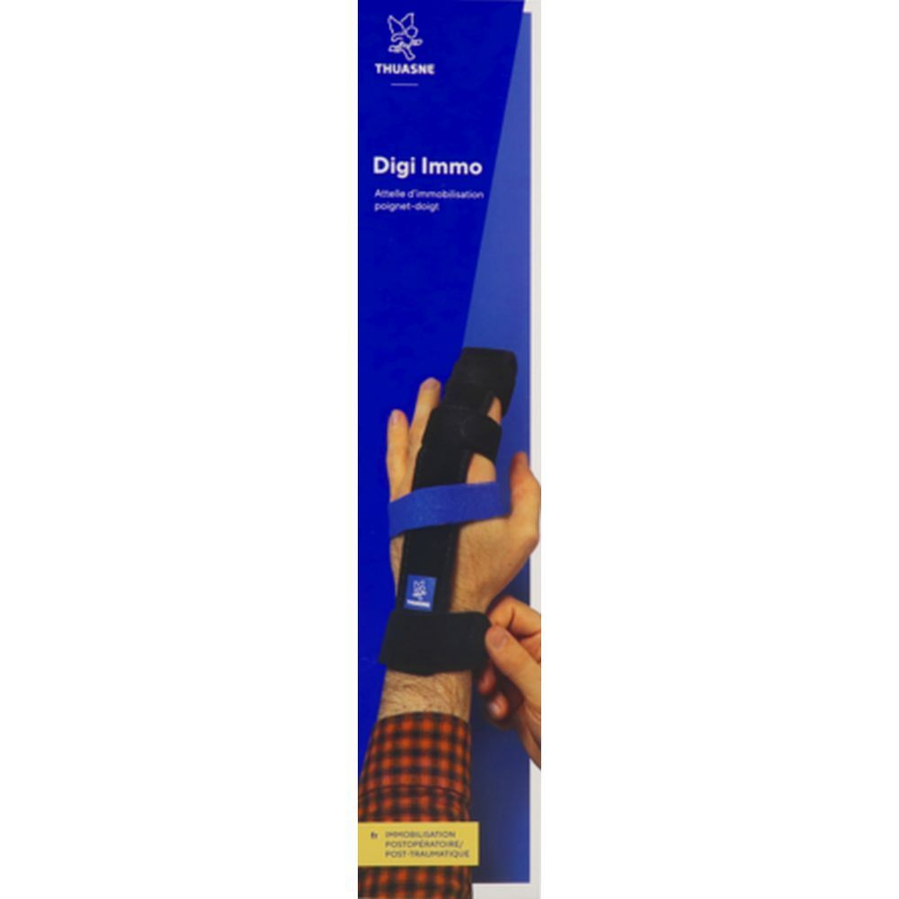 Emballage produit avec orthèse de poignet, main en utilisation. Texte: THUASNE Digi Immo.