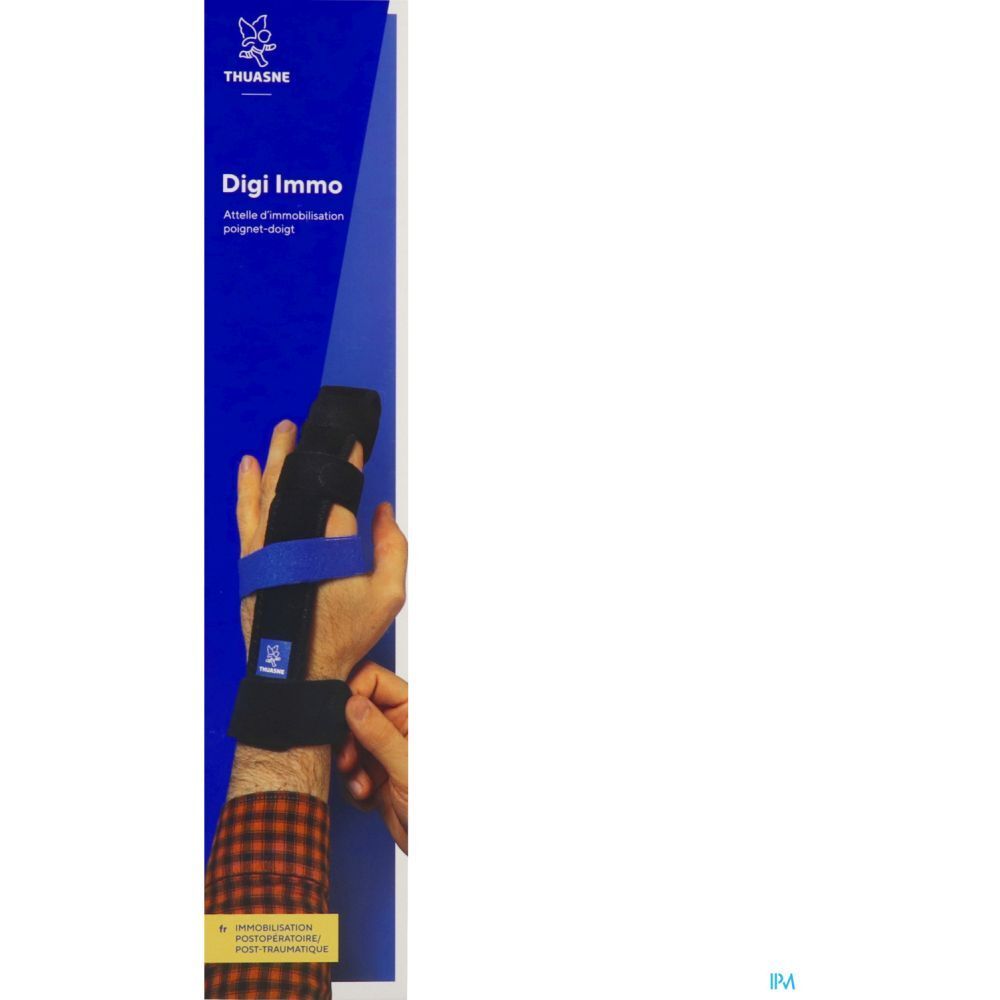 Emballage produit avec orthèse de poignet, main en utilisation. Texte: THUASNE Digi Immo.