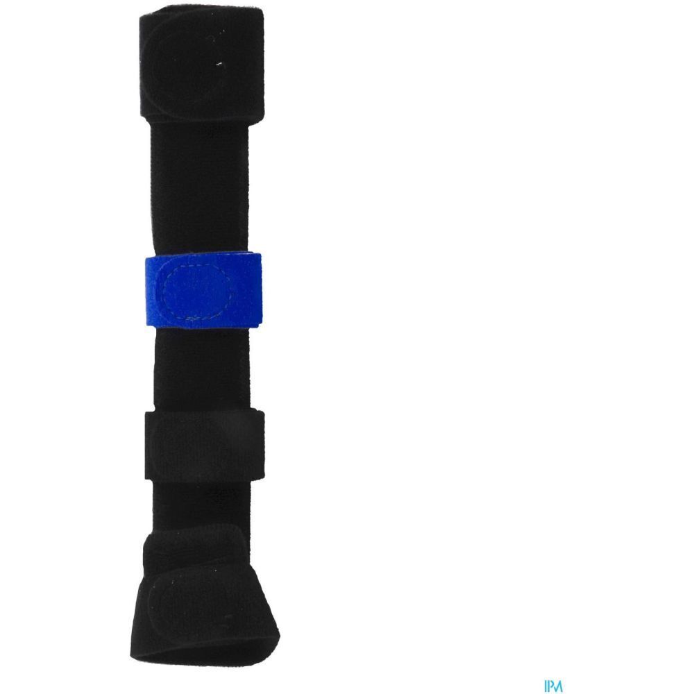 Orthèse de poignet noire avec fermetures velcro bleues et noires.