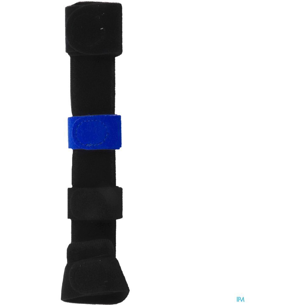 Orthèse de poignet noire avec fermetures velcro bleues et noires.
