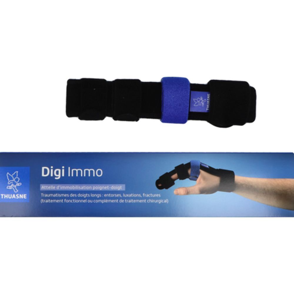 Attelle poignet-doigt Digi Immo, noire et bleue. Avec emballage.