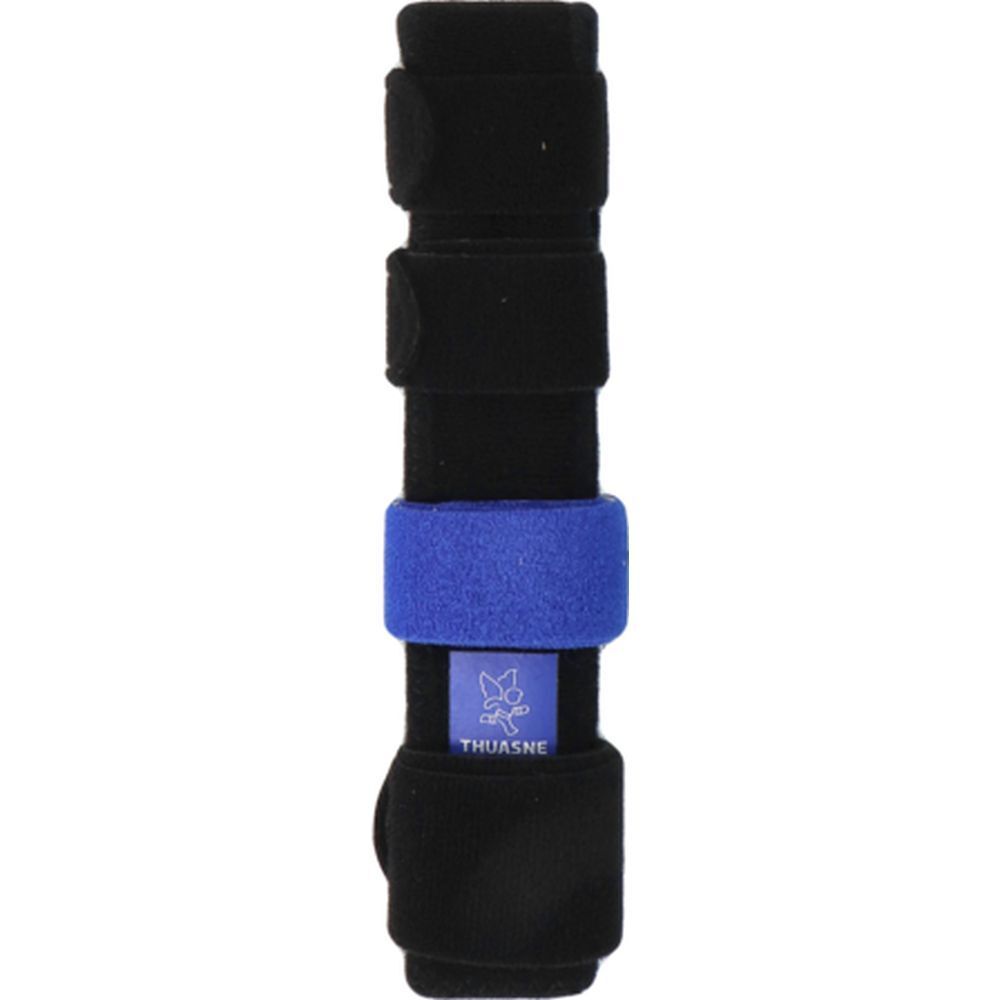 Attelle poignet-doigt noire avec bande bleue. Logo THUASNE.