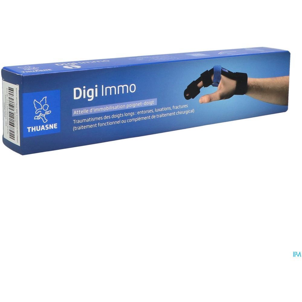 Attelle poignet-doigt Digi Immo en emballage. Couleurs bleu et noir.