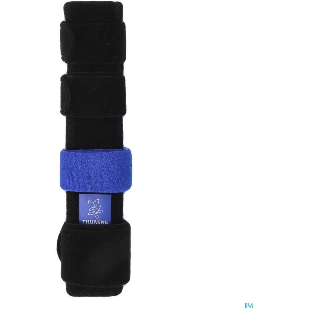Attelle poignet-doigt noire avec bande bleue. Logo THUASNE.