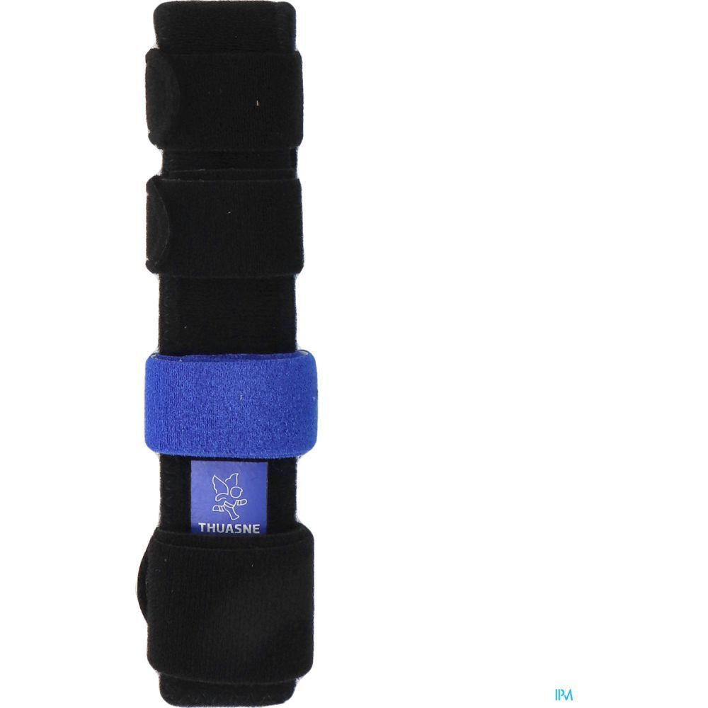 Attelle poignet-doigt noire avec bande bleue. Logo THUASNE.