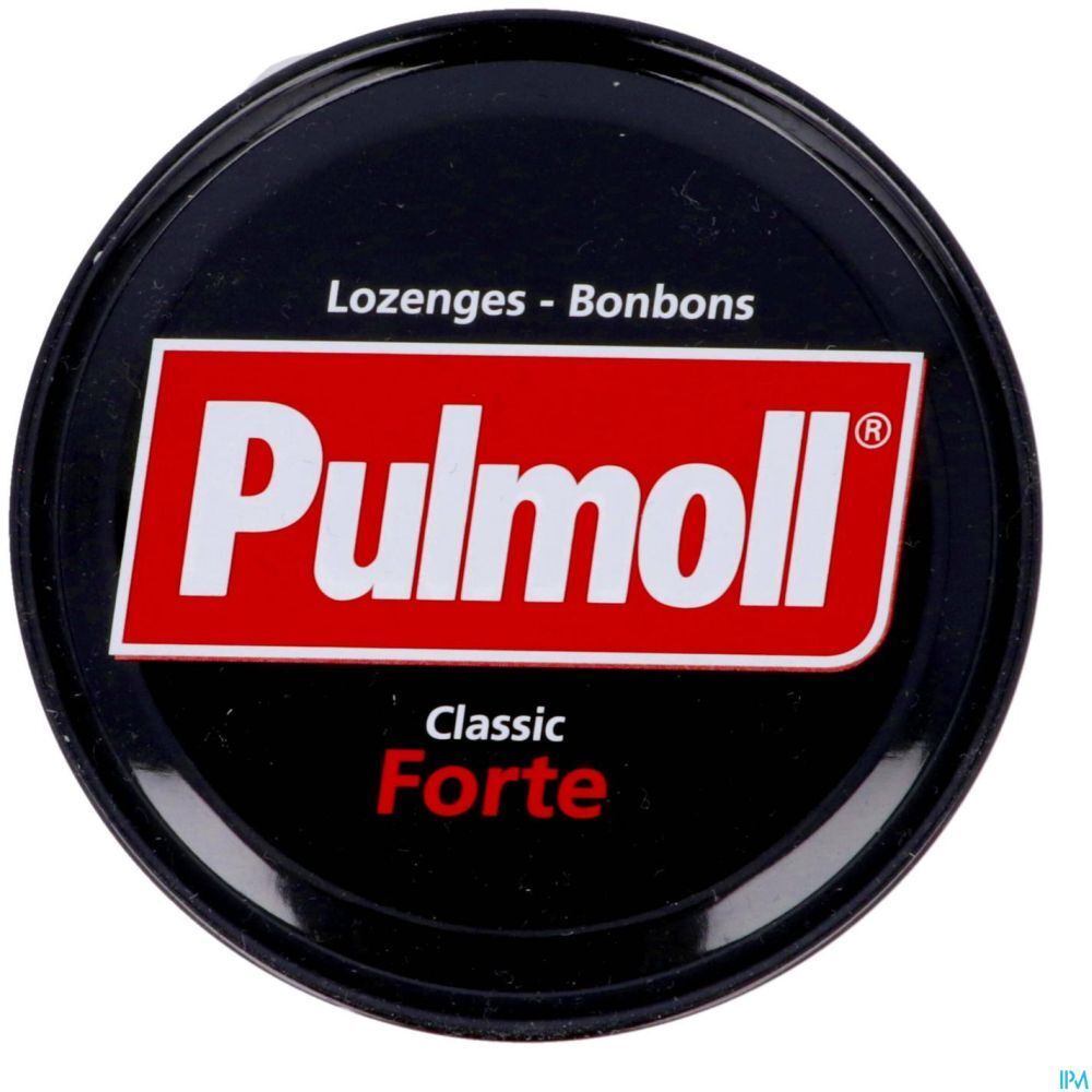 Boîte noire avec étiquette rouge. "Pulmoll Classic Forte" est écrit dessus. En haut: "Lozenges - Bonbons".
