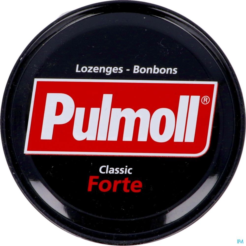 Boîte noire avec étiquette rouge. "Pulmoll Classic Forte" est écrit dessus. En haut: "Lozenges - Bonbons".