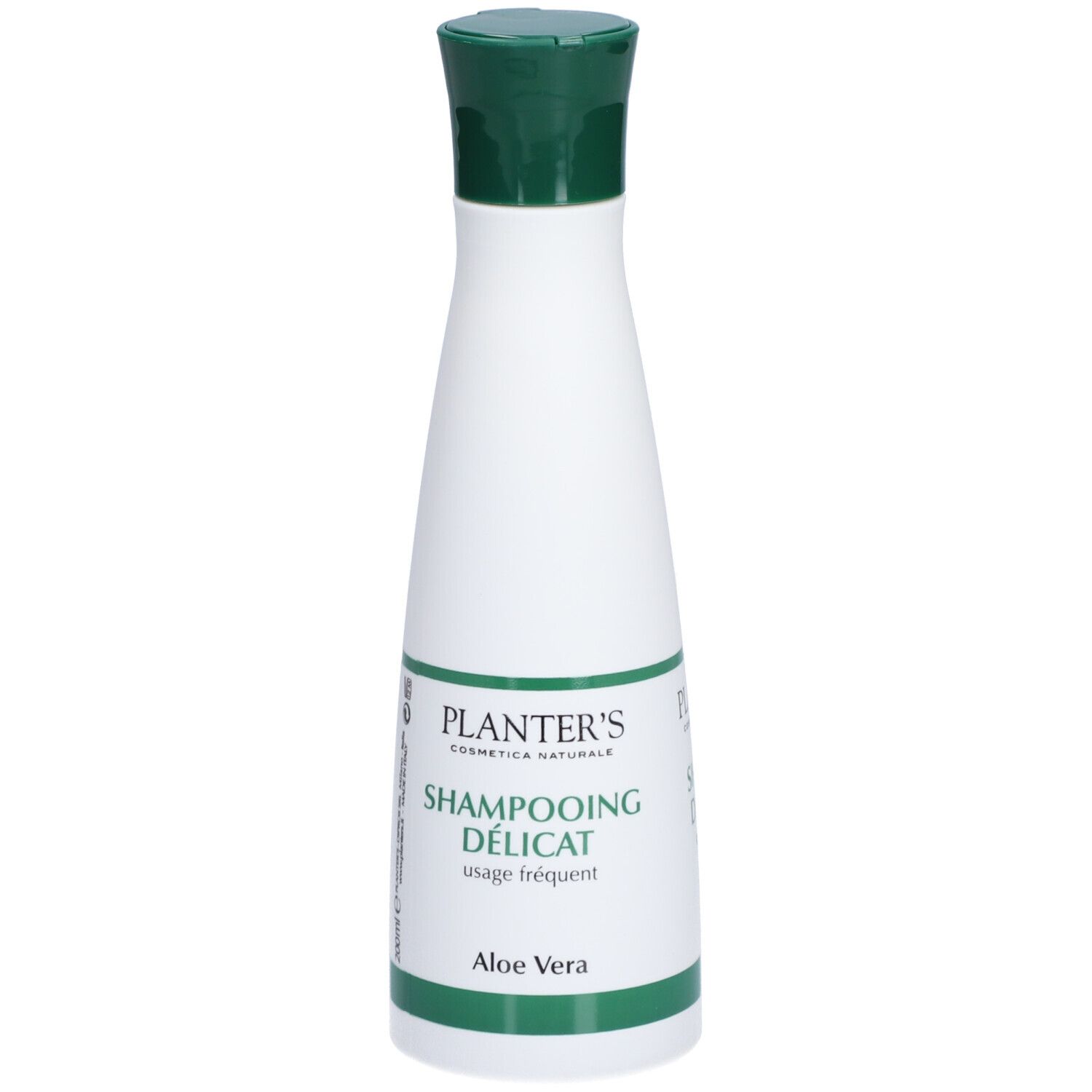 Flacon blanc et vert. Bouchon vert. Texte: PLANTER'S, Shampoing Délicat, Aloe Vera.