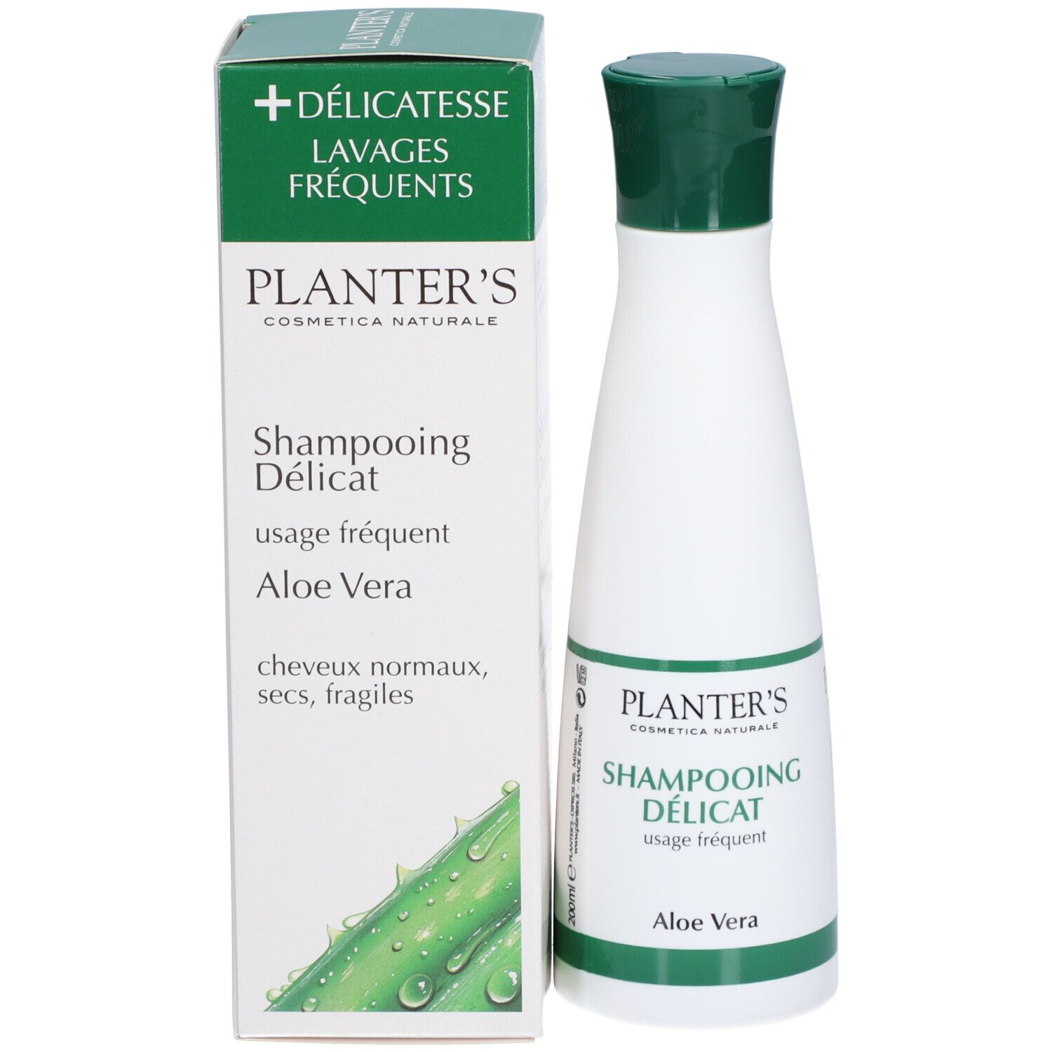 Flacon et emballage. Texte: PLANTER'S, Shampoing Délicat, Aloe Vera. Boîte: + Délicatesse, Lavages fréquents.