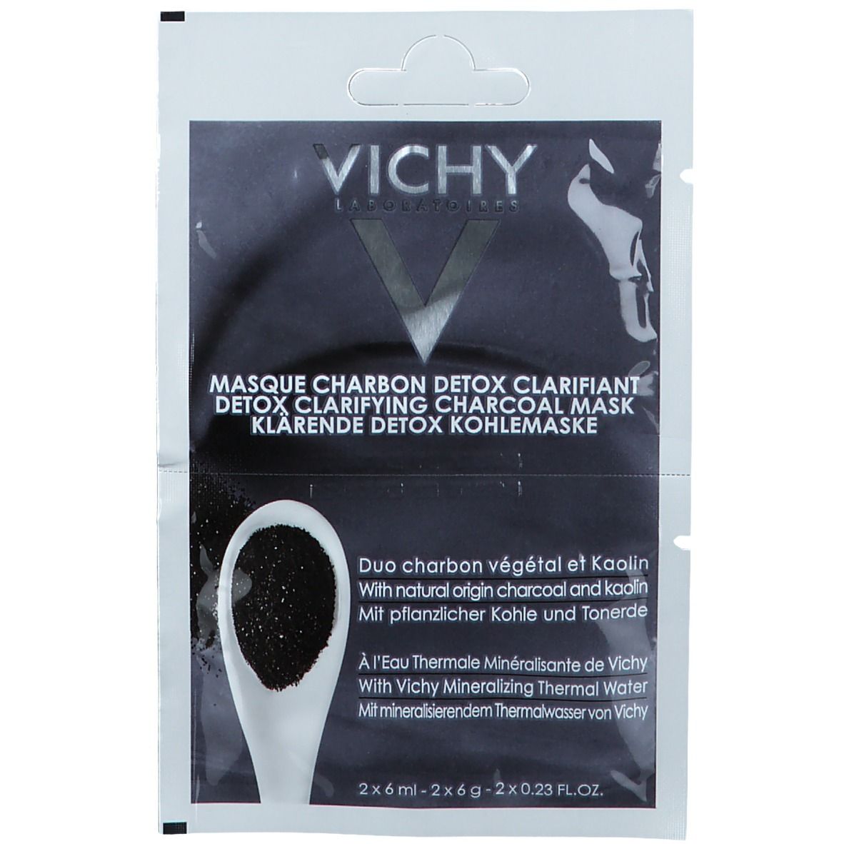 Sachet de masque au charbon Vichy. Masque noir dans un emballage blanc. Texte: Masque Charbon Detox Clarifiant, Detox Clarifying Charcoal Mask.