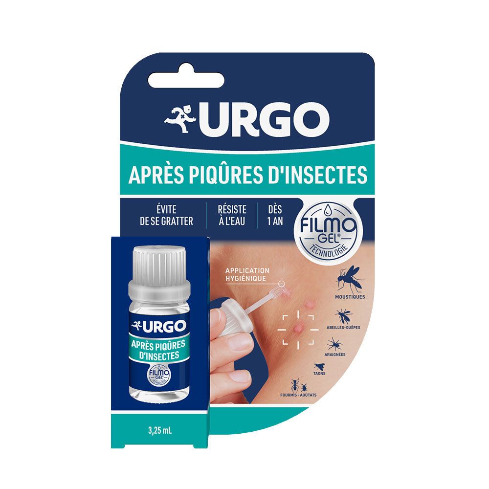 Emballage produit avec flacon. URGO Après Piqûres d'insectes, 3,25 ml. Blister avec illustration et indications d'utilisation.