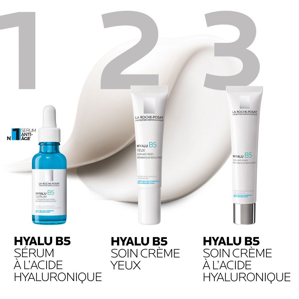 Trois produits: Hyalu B5 Sérum, Hyalu B5 Crème Yeux, Hyalu B5 Crème Yeux. Marque: La Roche-Posay.