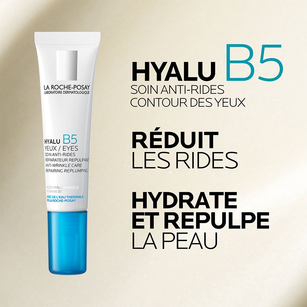 Tube LA ROCHE POSAY HYALU B5 avec texte 'Réduit les rides, hydrate et repulpe'.