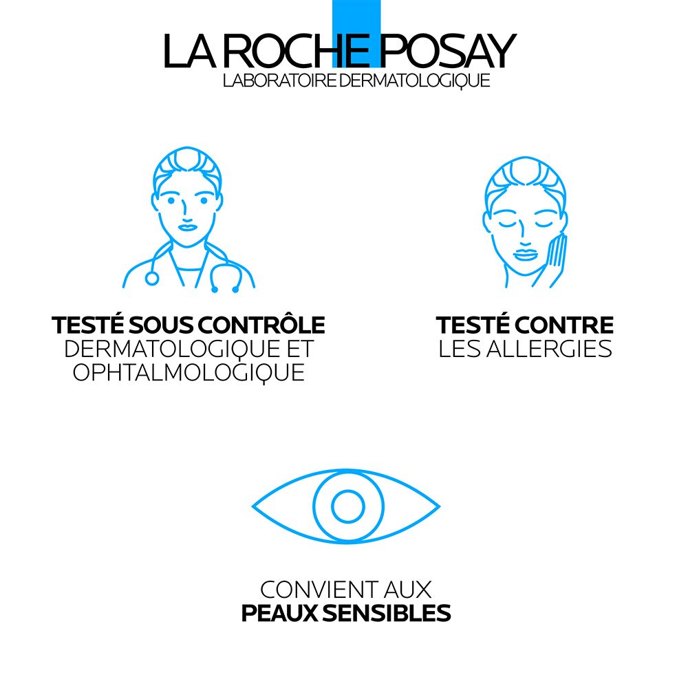 Logo LA ROCHE POSAY et symboles de tests, pour peaux sensibles.