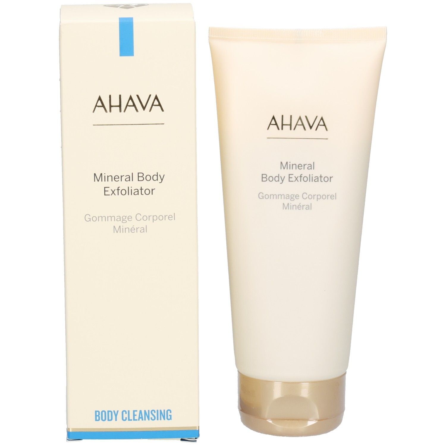 Produit et emballage. Tube et boîte. Inscription : AHAVA, Mineral Body Exfoliator, Body Cleansing.